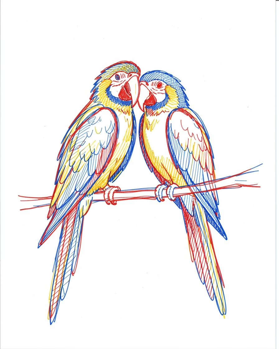 A pair of macaws perched together on a branch, feathers a vivid blue and gold