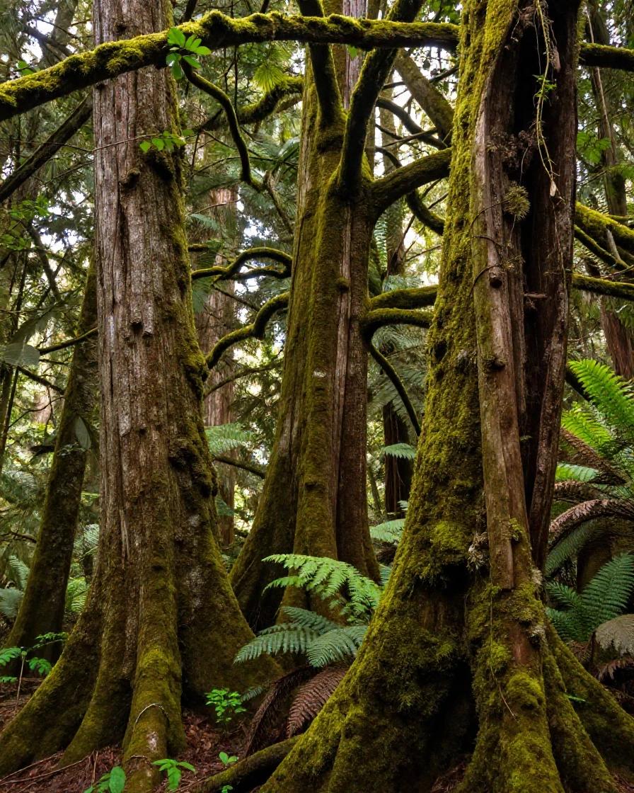 Moss-covered ancient trees in an old growth rainforest