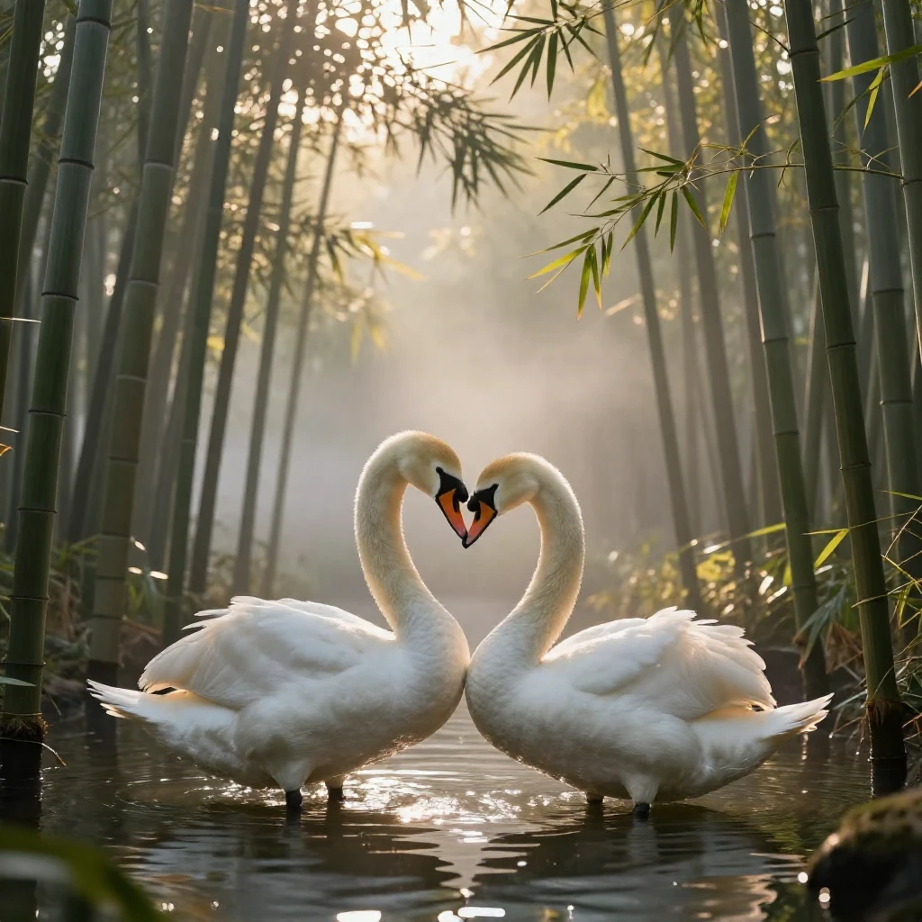 A pair of swans nuzzling affectionately in the early morning in a quiet bamboo grove as the day slowly fades