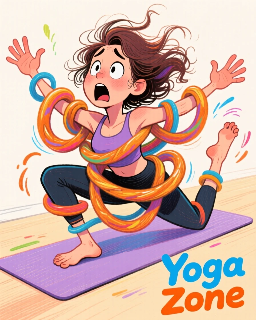 A woman attempting yoga and getting hopelessly tangled in a pretzel pose.