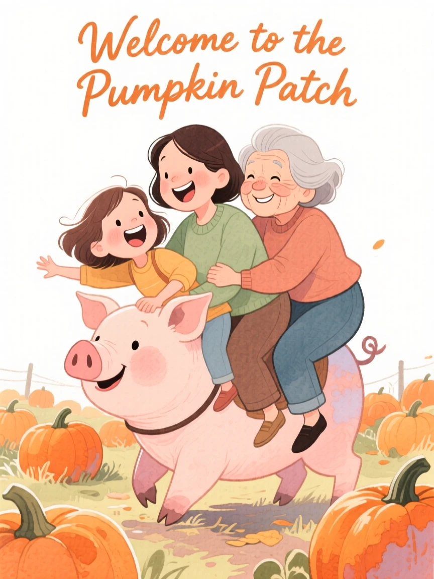 Three generations of women sharing a piggyback ride through a pumpkin patch
