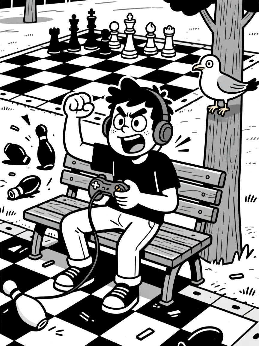 A gamer gripping a controller with intense focus, fist-pumping as the pins scatter behind, set at a park bench chessboard. A seagull watches the chaos from a nearby post. It feels like the kind of memory friends laugh about for years.