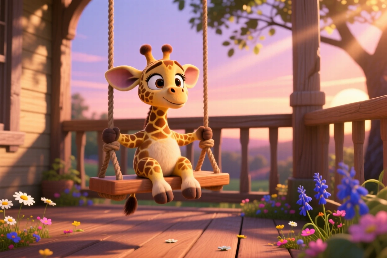 A wobbly baby giraffe is sitting on a porch swing at sunset, tilting its head curiously. A gentle, sleepy calm fills the moment, with a scattering of small flowers around it.
