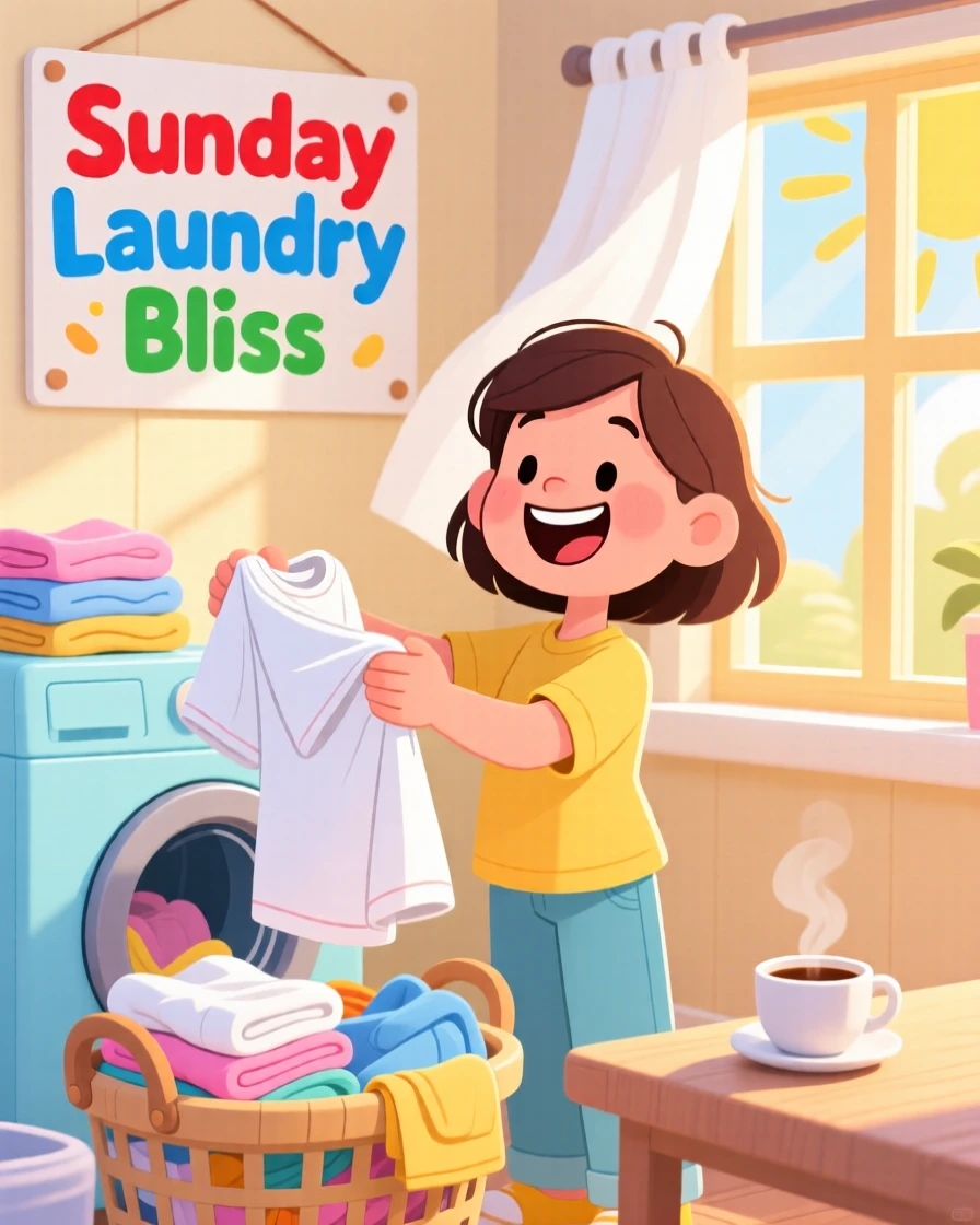A person folding freshly laundered clothes on a Sunday morning.
