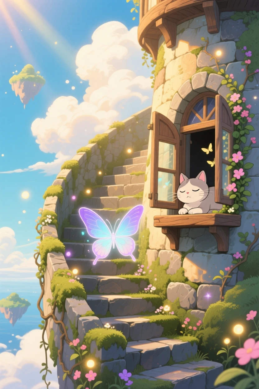 A staircase spiraling up into the clouds, where a cat with butterfly wings napping on a windowsill can be seen nearby, the atmosphere quietly enchanting.