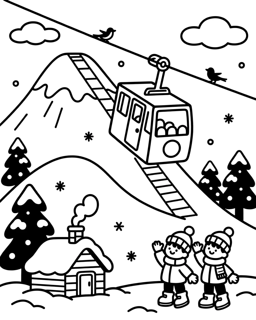 A cable car climbing up a snowy mountain