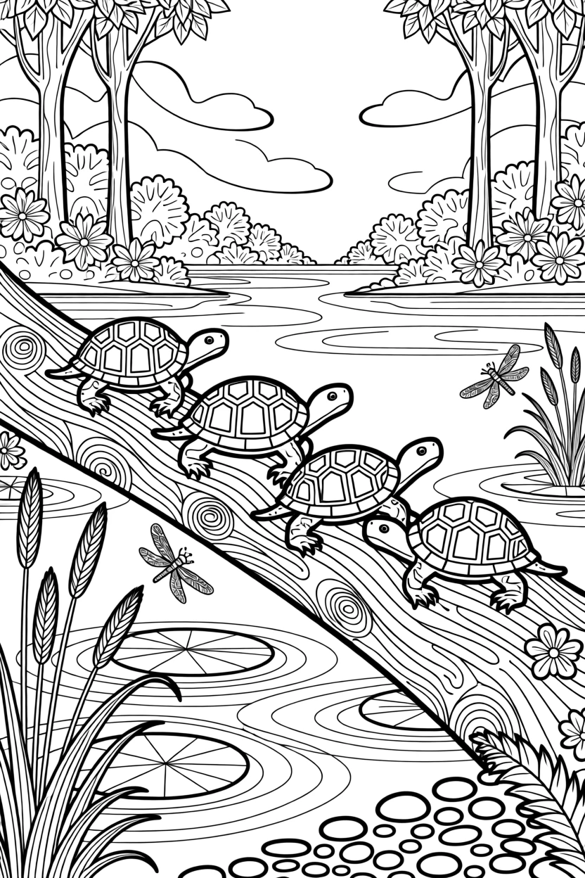 A group of turtles basking on a log in a quiet pond.