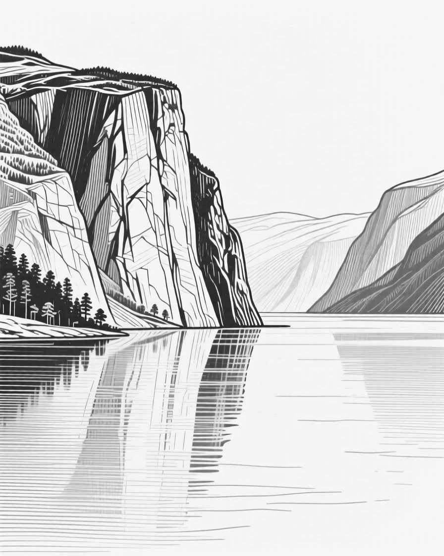 A rugged fjord with steep cliffs rising from calm water