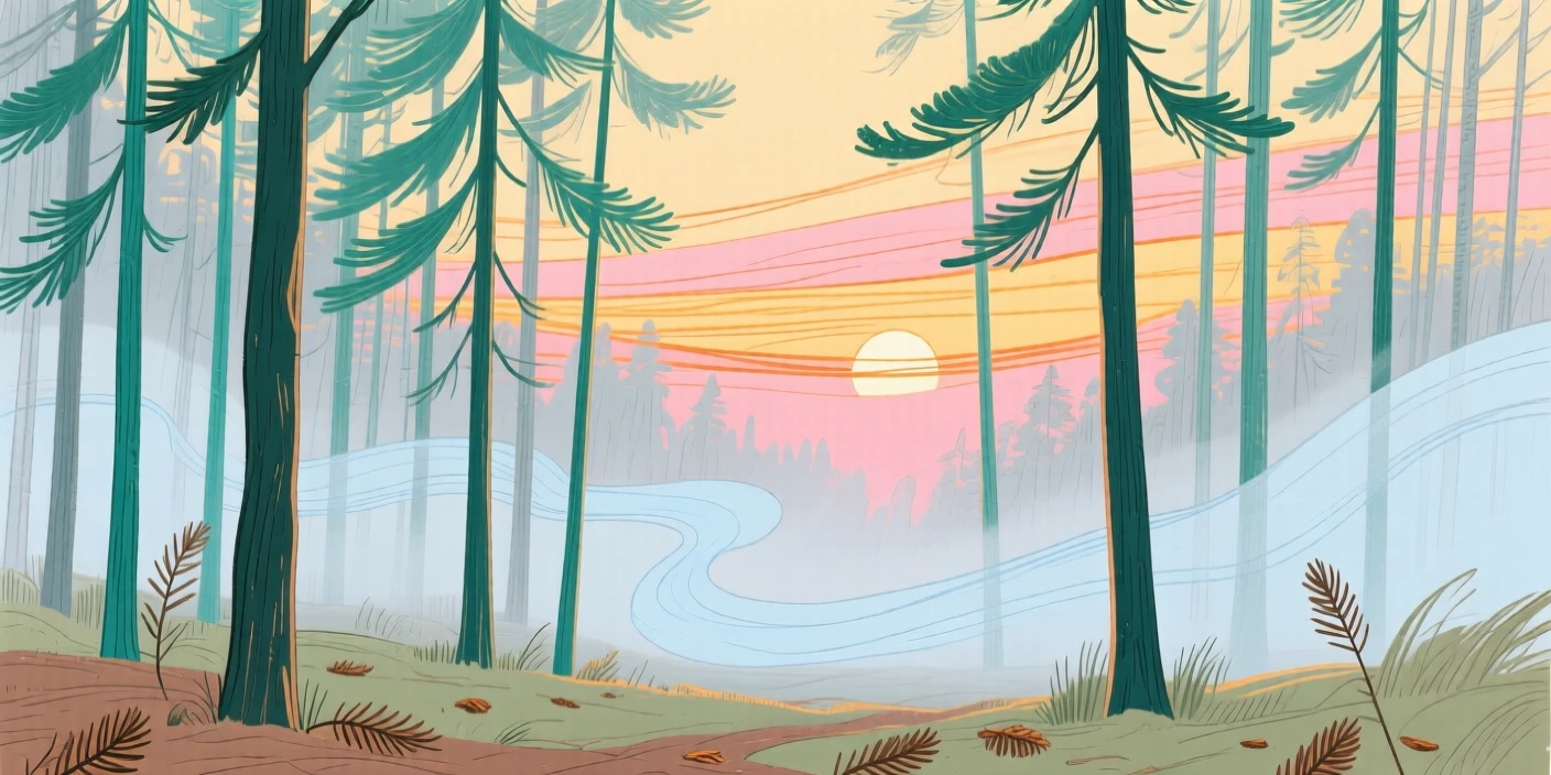 A misty pine forest at sunrise.