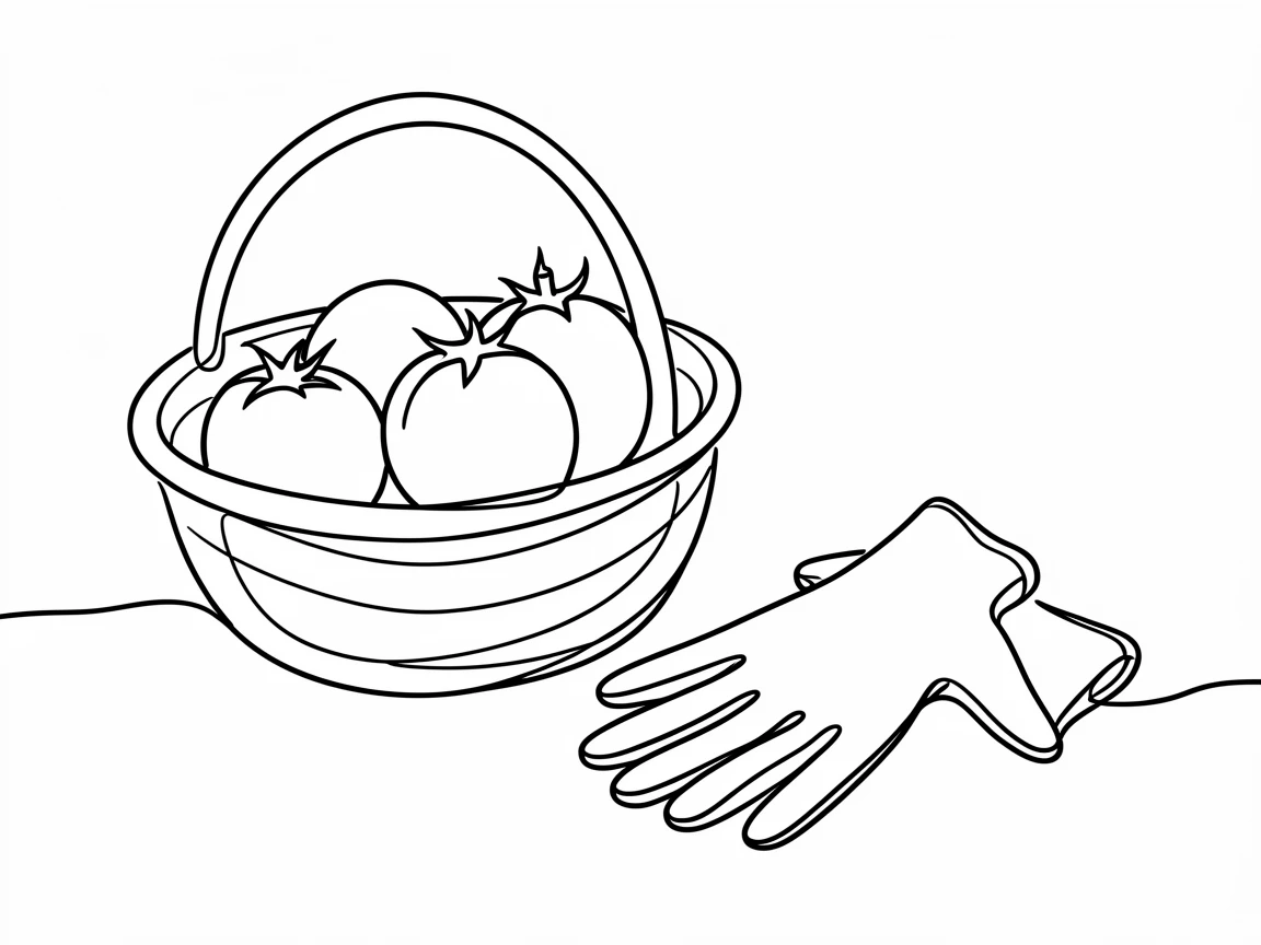A pair of gardening gloves resting beside a basket of freshly picked tomatoes