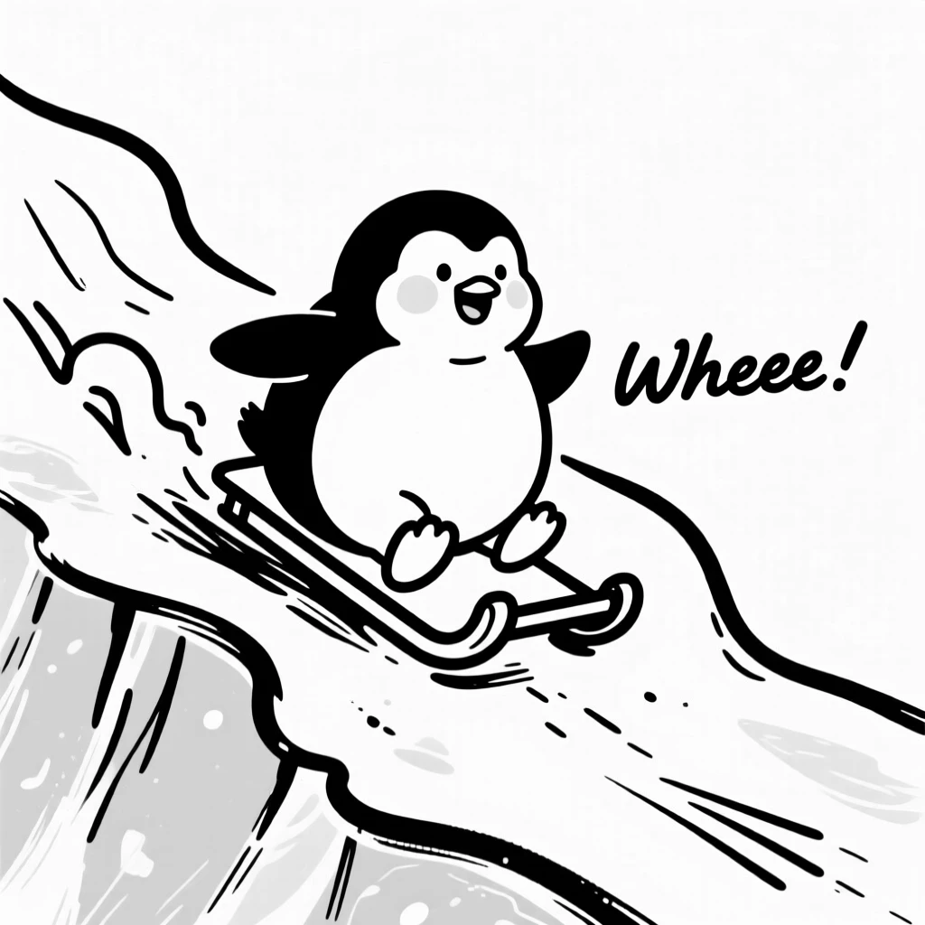 A chubby baby penguin character tobogganing down an icy slope.