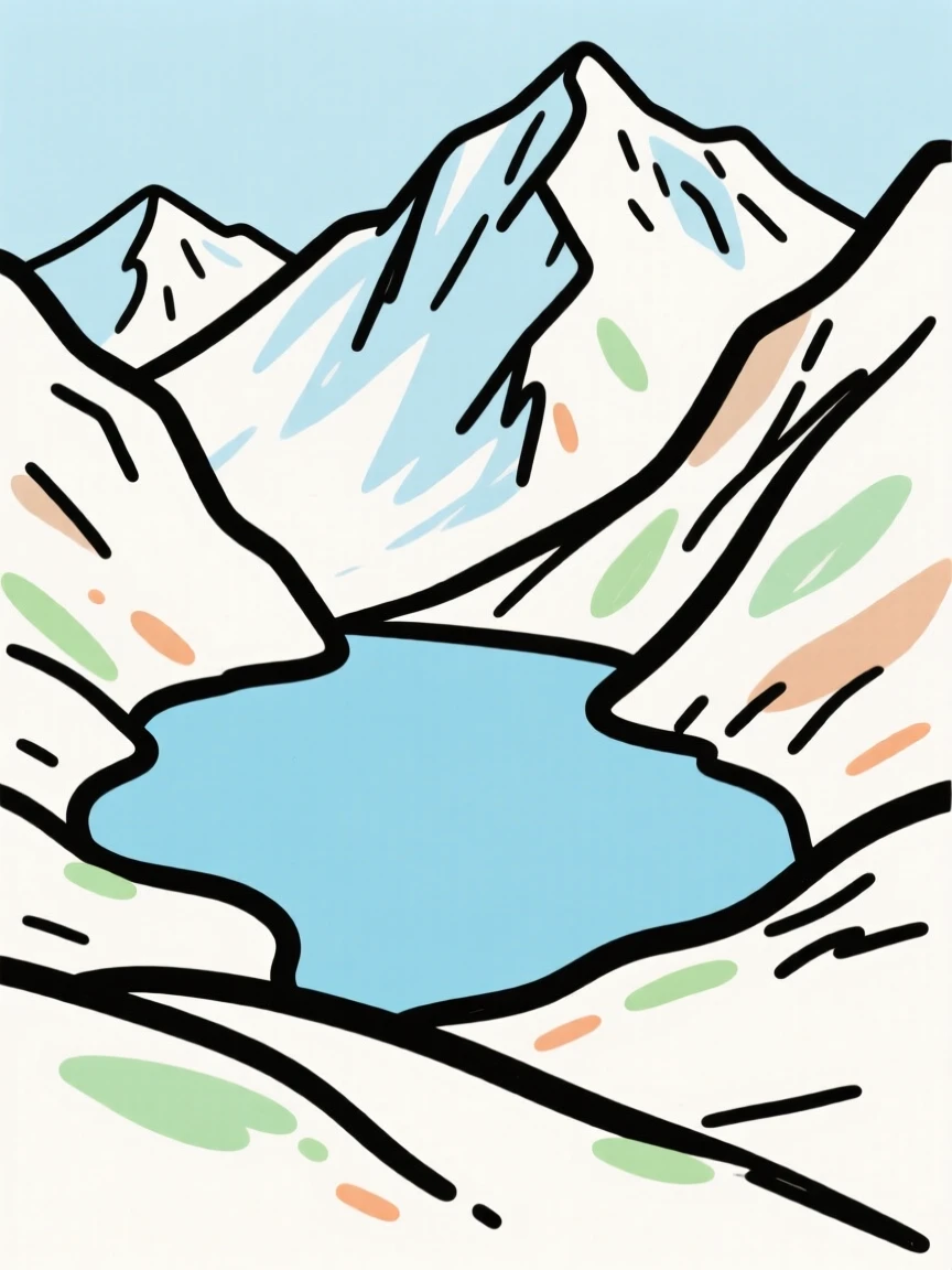 A hidden alpine lake surrounded by jagged snow-capped peaks.