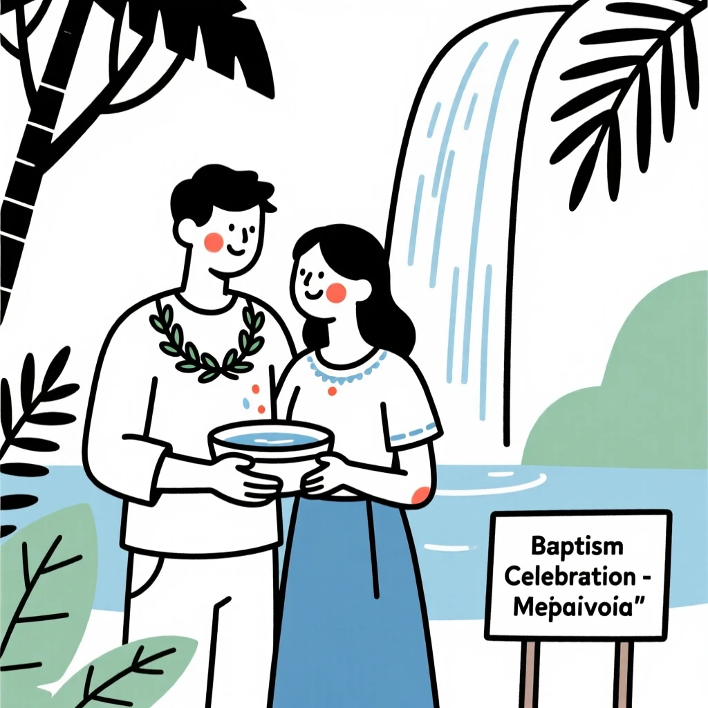 A young couple of Greek heritage celebrating a baptism, by a waterfall in the jungle.
