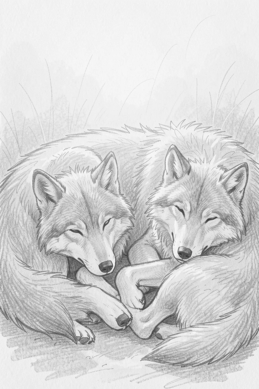 An adorable close-up of a pack of howling wolves napping in a patch of warm sunlight, framed by soft morning mist.