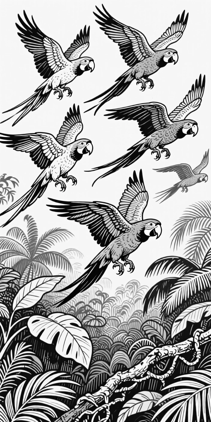 A flock of parrots taking flight over a dense green jungle canopy.