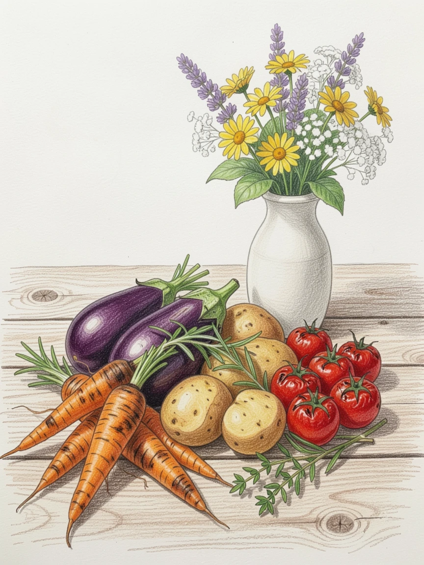 A rustic table of roasted vegetables and herbs from the garden, set beside a small vase of fresh flowers, celebrating the joy of shared meals and gatherings.