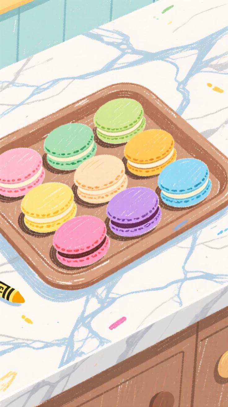 A tray of colorful macarons arranged on a marble counter.