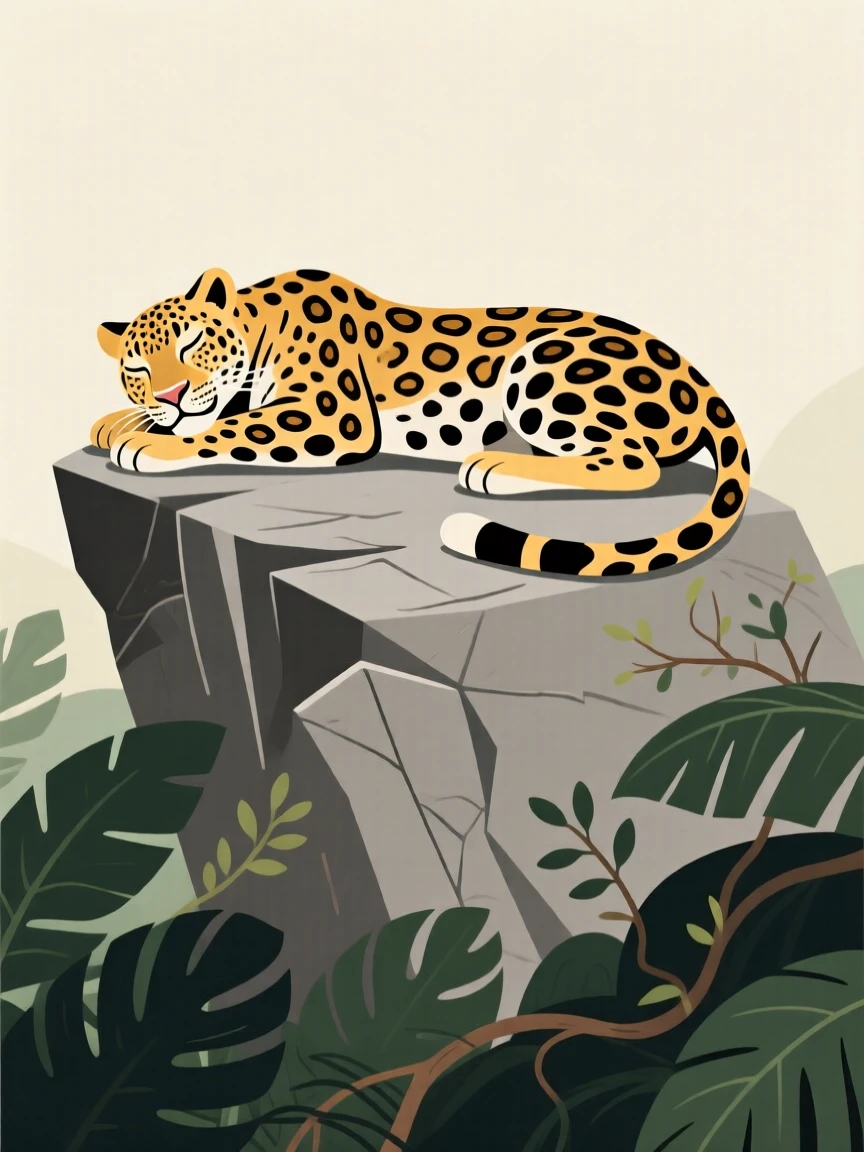 A majestic leopard resting on a rocky outcrop overlooking the dense jungle.