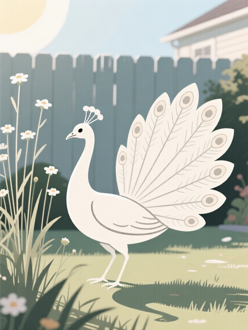 A peacock stretching in the sun in a quiet backyard garden, near tall wildflowers, giving off a sense of calm contentment.