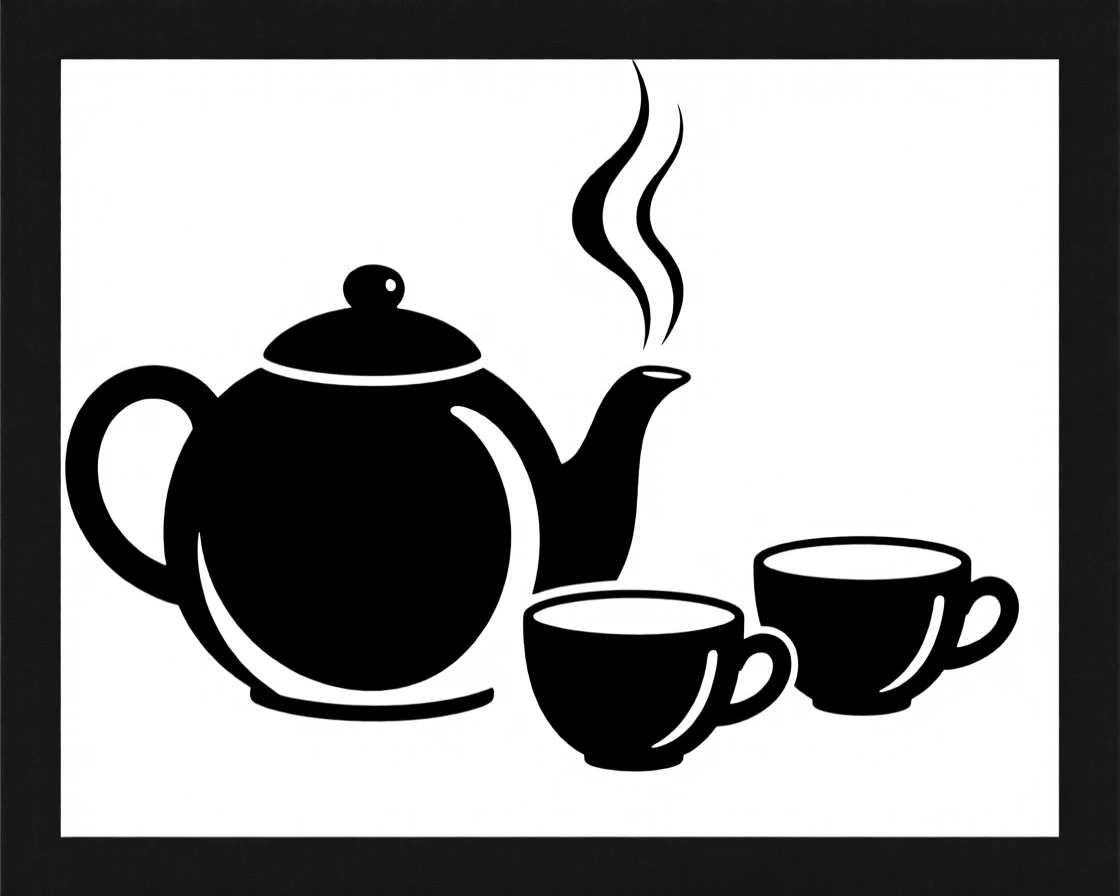 A steaming teapot beside two porcelain cups.