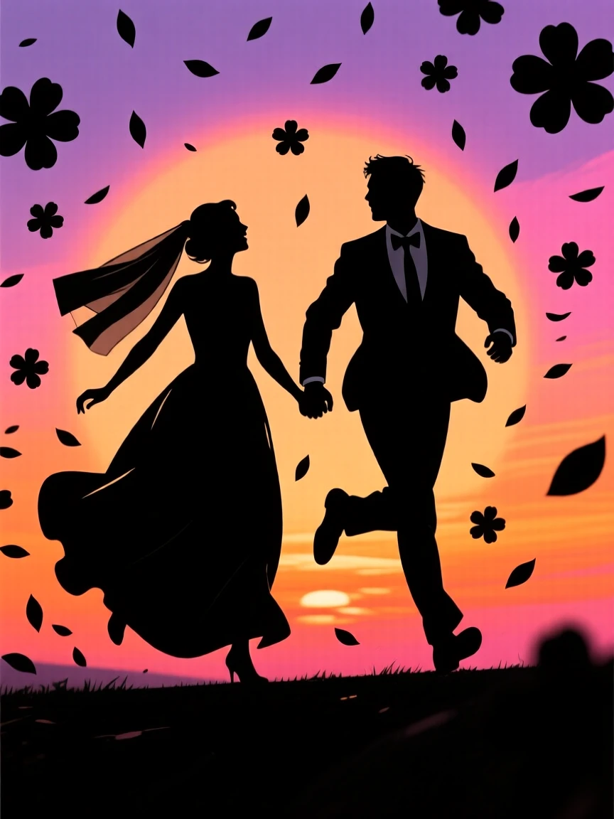 Newlyweds running hand in hand through a shower of thrown flower petals.