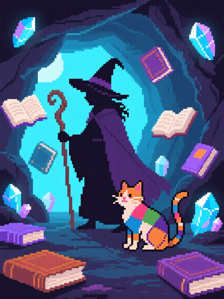 A witch with a patchwork cat exploring a cave lit with glowing crystals, in a library filled with floating books.