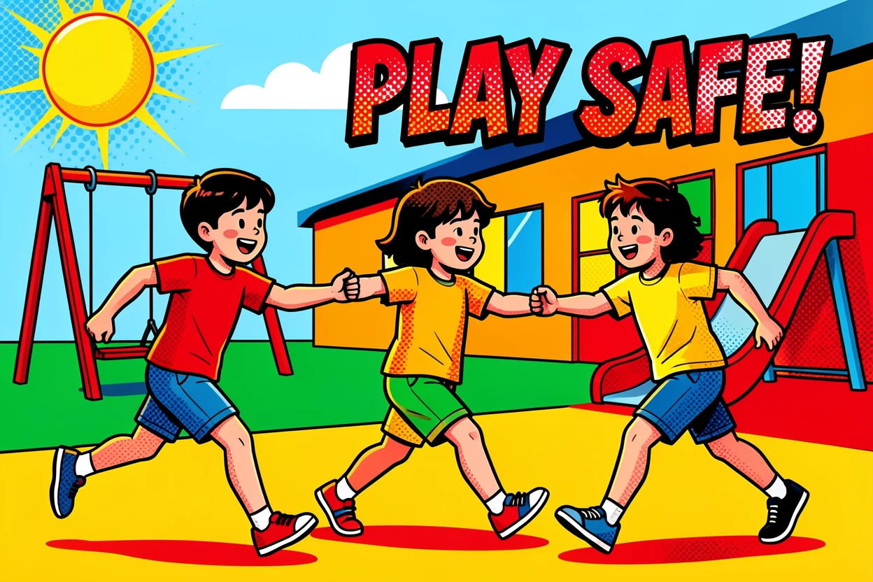 Children playing tag in a sunlit schoolyard