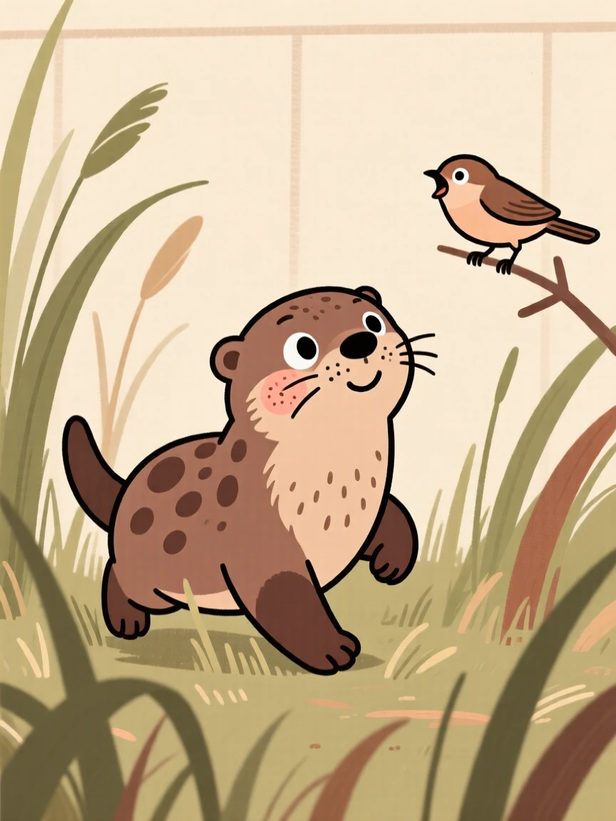 A spotted otter pup hopping through tall grass in a quiet backyard, pausing to look up with curious, gentle eyes as a bird calls from a branch.