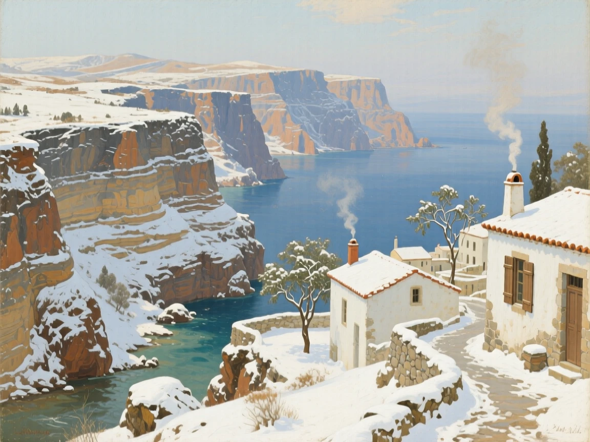 A sweeping wide shot of a dramatic canyon carved by centuries of flowing water, in a Greek island village, under a fresh blanket of winter snow, in a soft summer breeze.