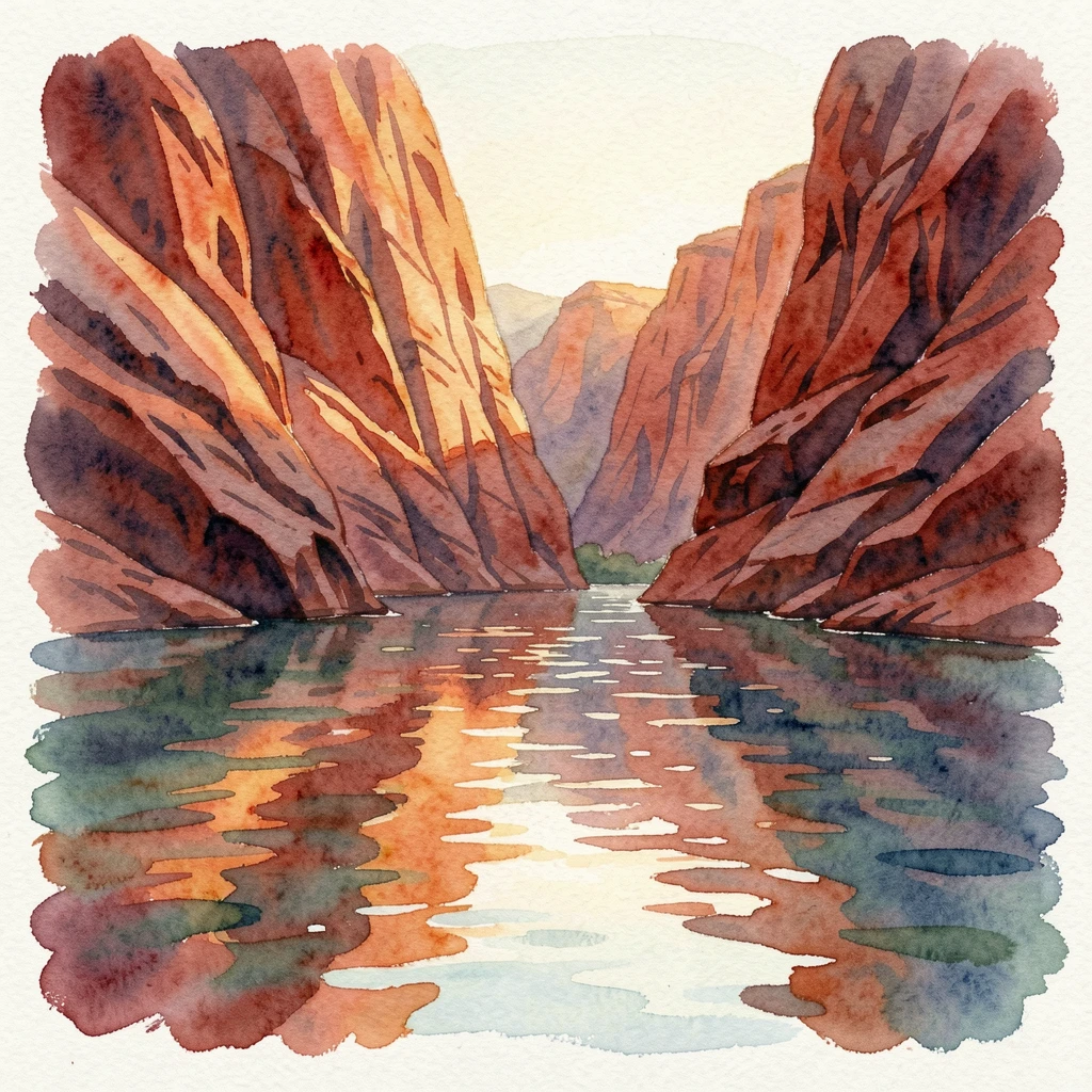 A red rock canyon at golden hour with reflections shimmering on the water.