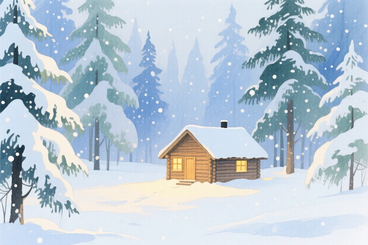 A quiet snowfall blankets a pine forest clearing where a wooden cabin glows warmly from its windows