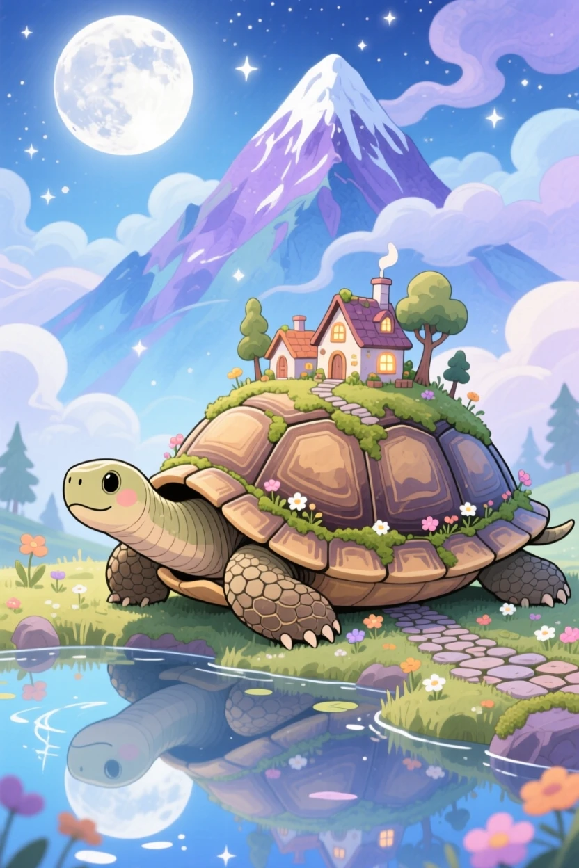 A gentle giant tortoise carrying a village on its back resting beside a crystal-clear pond under moonlight, in a mystical mountain peak wrapped in clouds, sparking pure childlike delight.