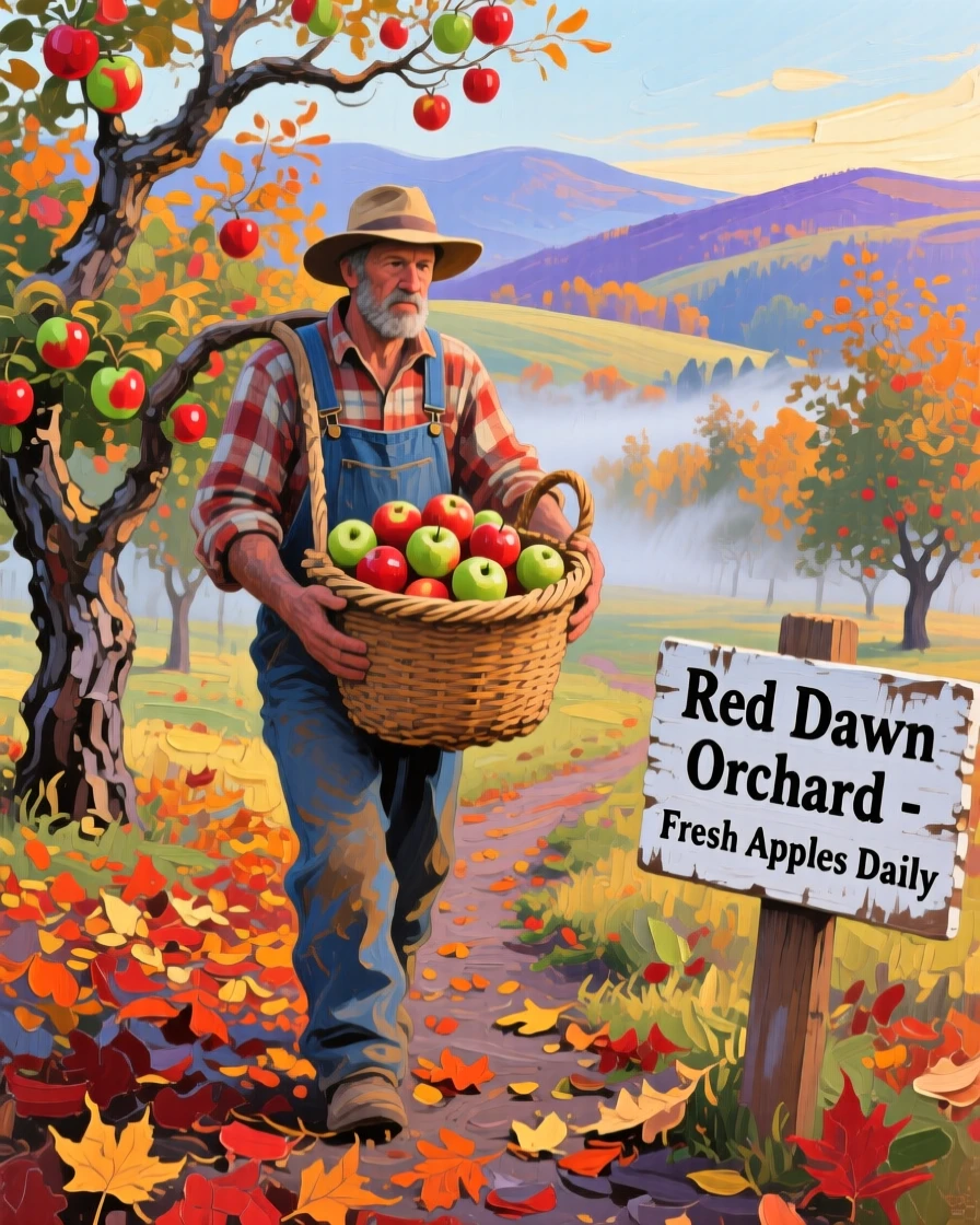a farmer carrying a basket through an orchard, on a crisp autumn morning, with layered visual detail from foreground to horizon.