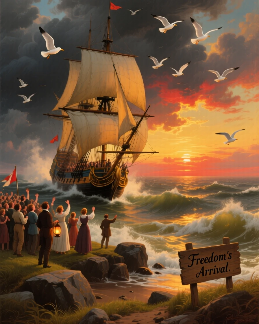 A tall ship races against a storm toward a cheering crowd at sunset as gulls circle overhead.