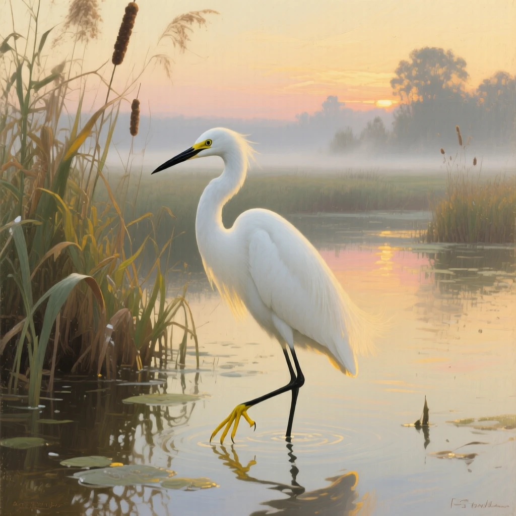 A snowy egret standing motionless in a still wetland at sunrise, caught in a split-second of remarkable natural behavior, offering a striking, emotionally resonant wildlife portrait