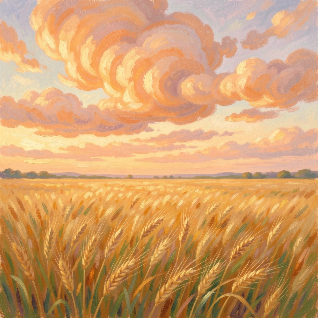 A dramatic sky filled with mammatus clouds glowing orange above a golden wheat field at sunset.