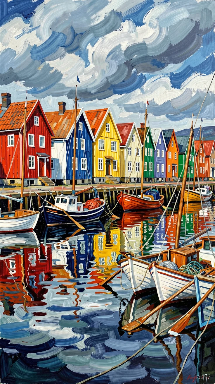 A busy fishing harbor in Norway with colorful wooden houses reflected in still water.