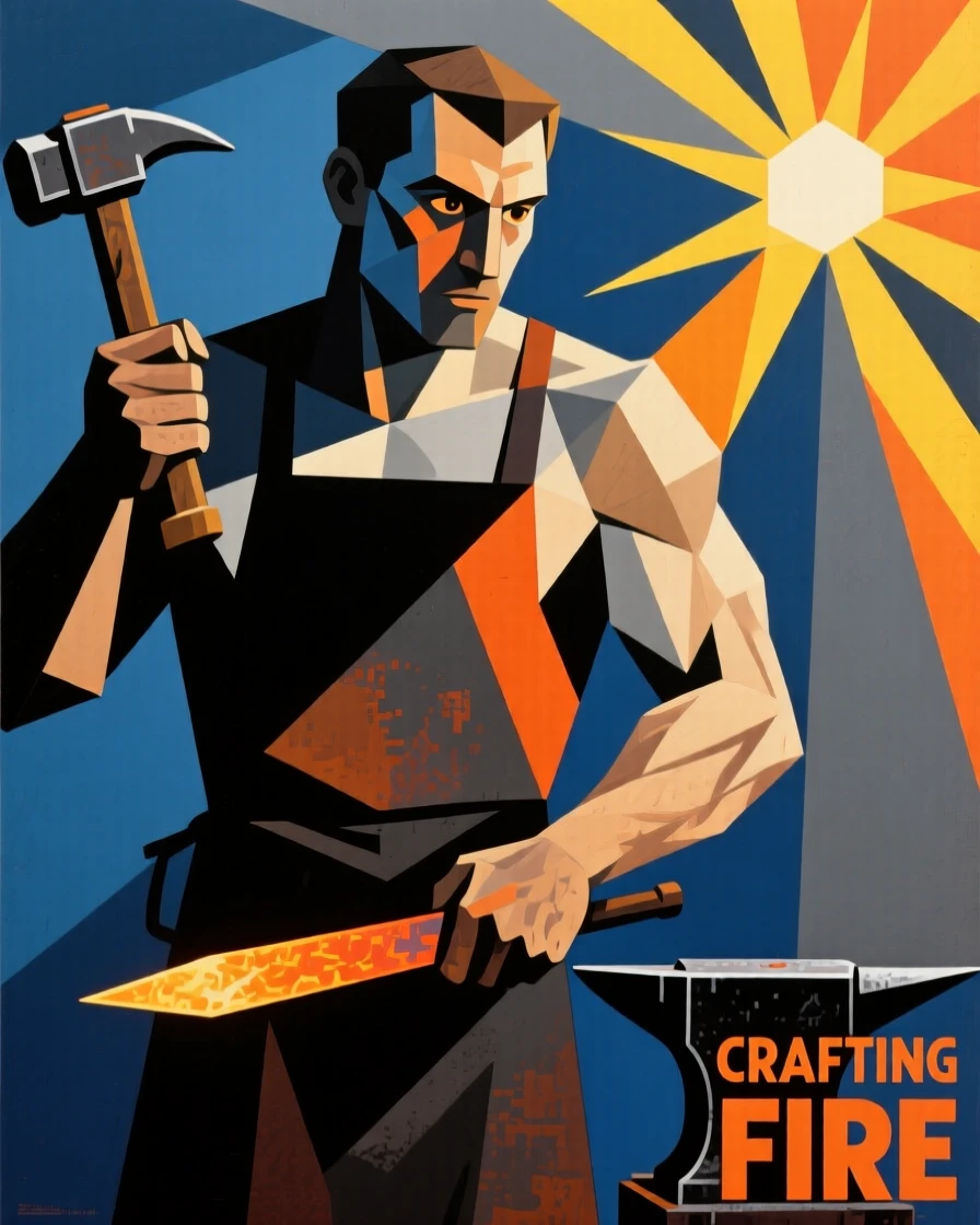 A medium shot portrait of a blacksmith pausing mid-task to look toward the light, focused and content in the craft.