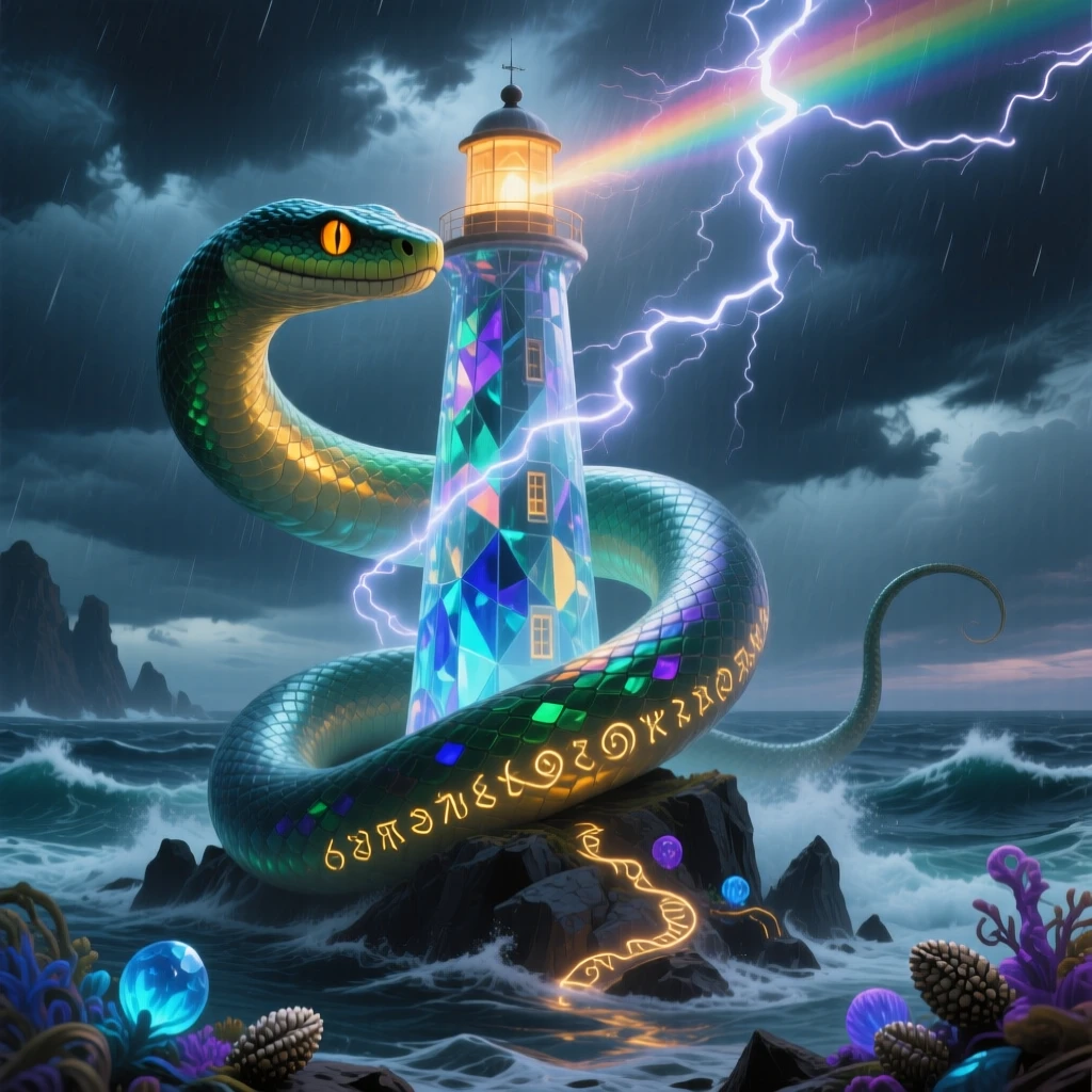 A sea serpent coiling gracefully around a lighthouse in a storm guards a hidden path that few have ever found, while wisps of light curl gently around its form.