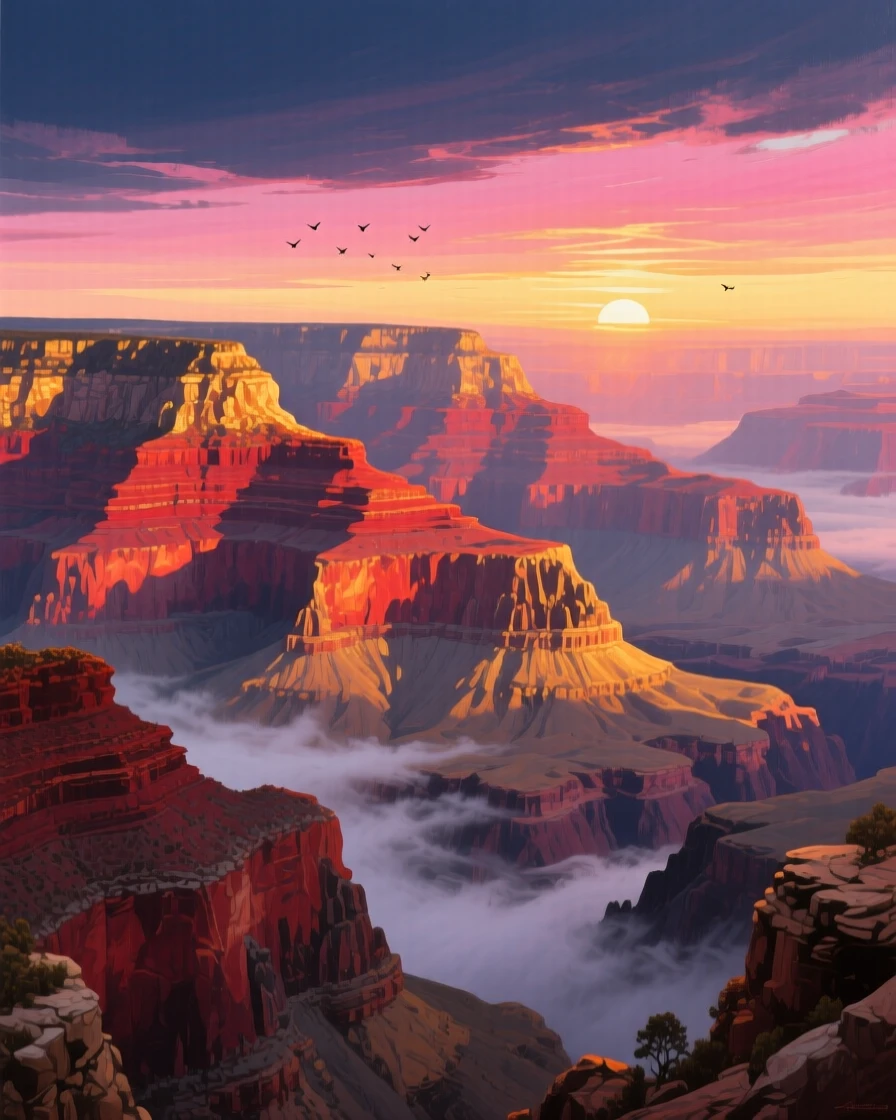 A brilliant sunrise over the Grand Canyon bathes the layered rock formations in shades of red and gold as morning mist rises from the canyon floor, with the crisp, still air carrying only the faintest sounds of distant birdsong.