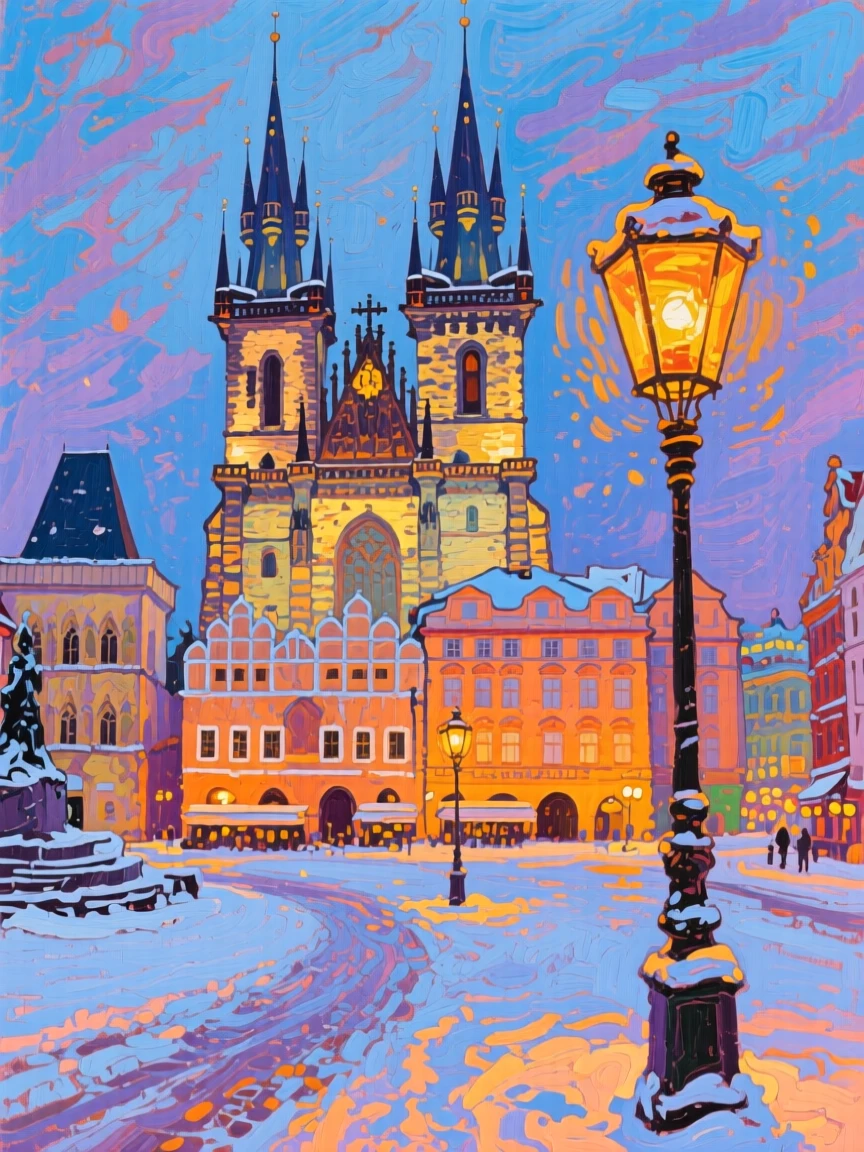 A snow-covered Prague square with warm lantern light glowing from Gothic spires