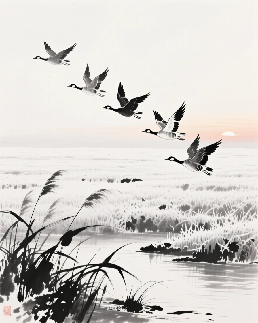Wild geese take flight from a frost-covered field at dawn, as reeds rustle along the riverbank below.