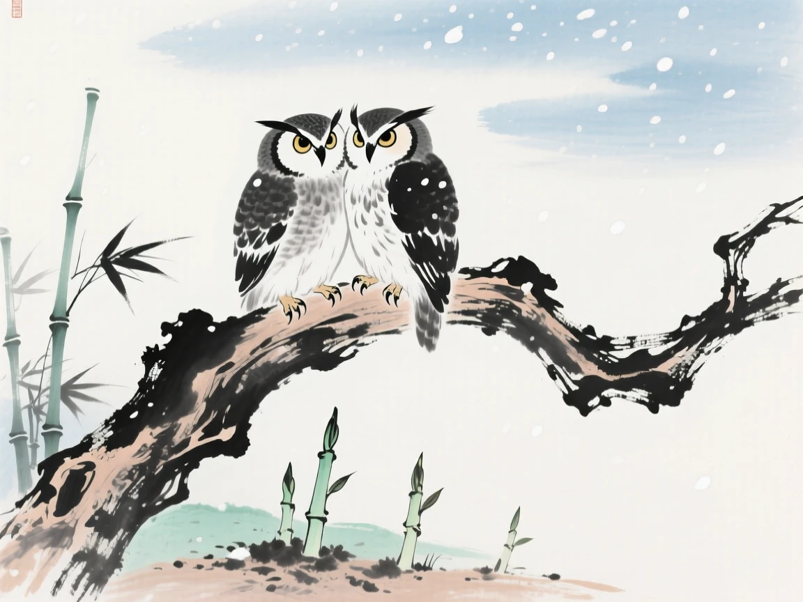 A pair of owls perched together on an old twisted branch, as new bamboo shoots break through the soil, beneath softly falling snow.