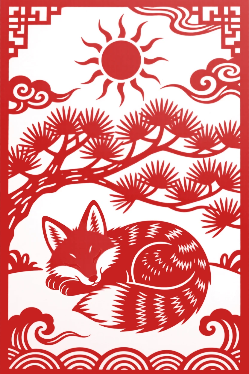 A young fox, curled up beneath a canopy of pine needles, watched over by a rising sun in the distance.