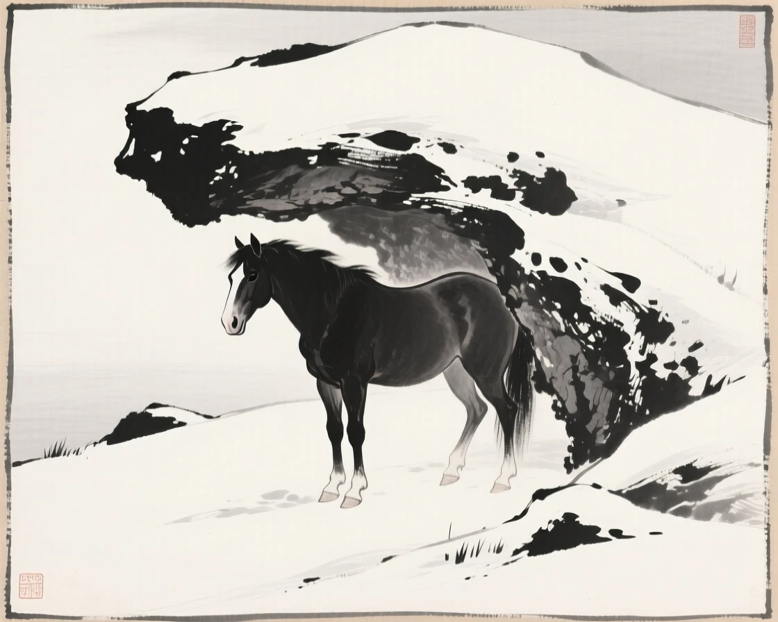 A horse sheltering beneath overhanging rock on a snow-covered hillside, framed low to the ground for an intimate, close perspective, carrying a sense of quiet dignity and wildness.