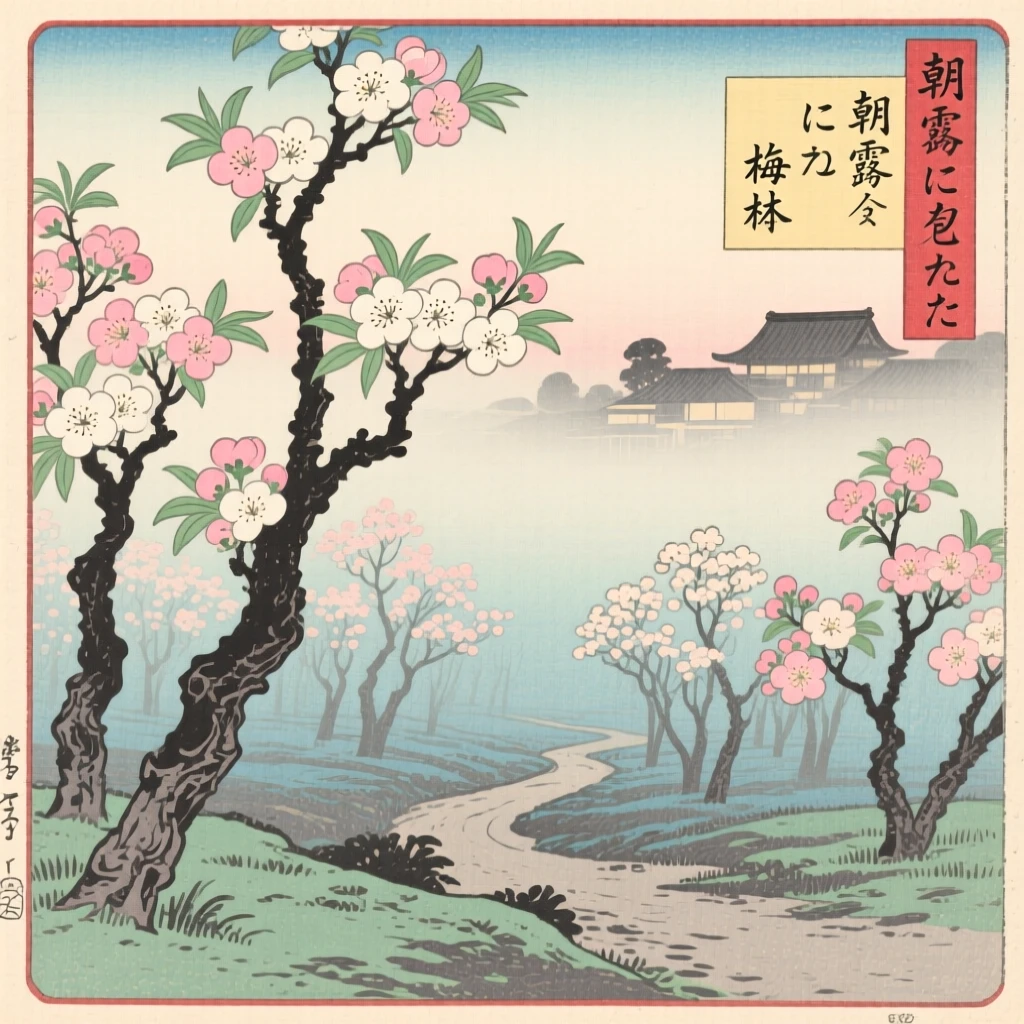 A blossoming plum orchard, wrapped in a gentle morning mist.