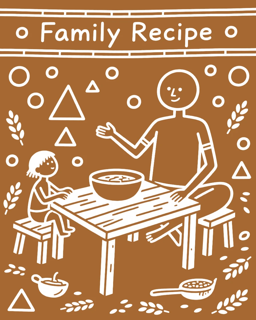 A father passing on a family recipe at a simple wooden dining table.