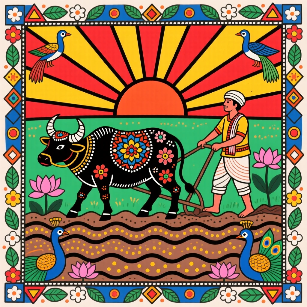 A farmer plowing a field behind a pair of yoked oxen at dawn.