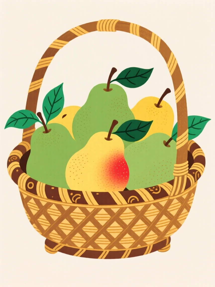 A bowl of fresh pears in a woven bamboo basket.
