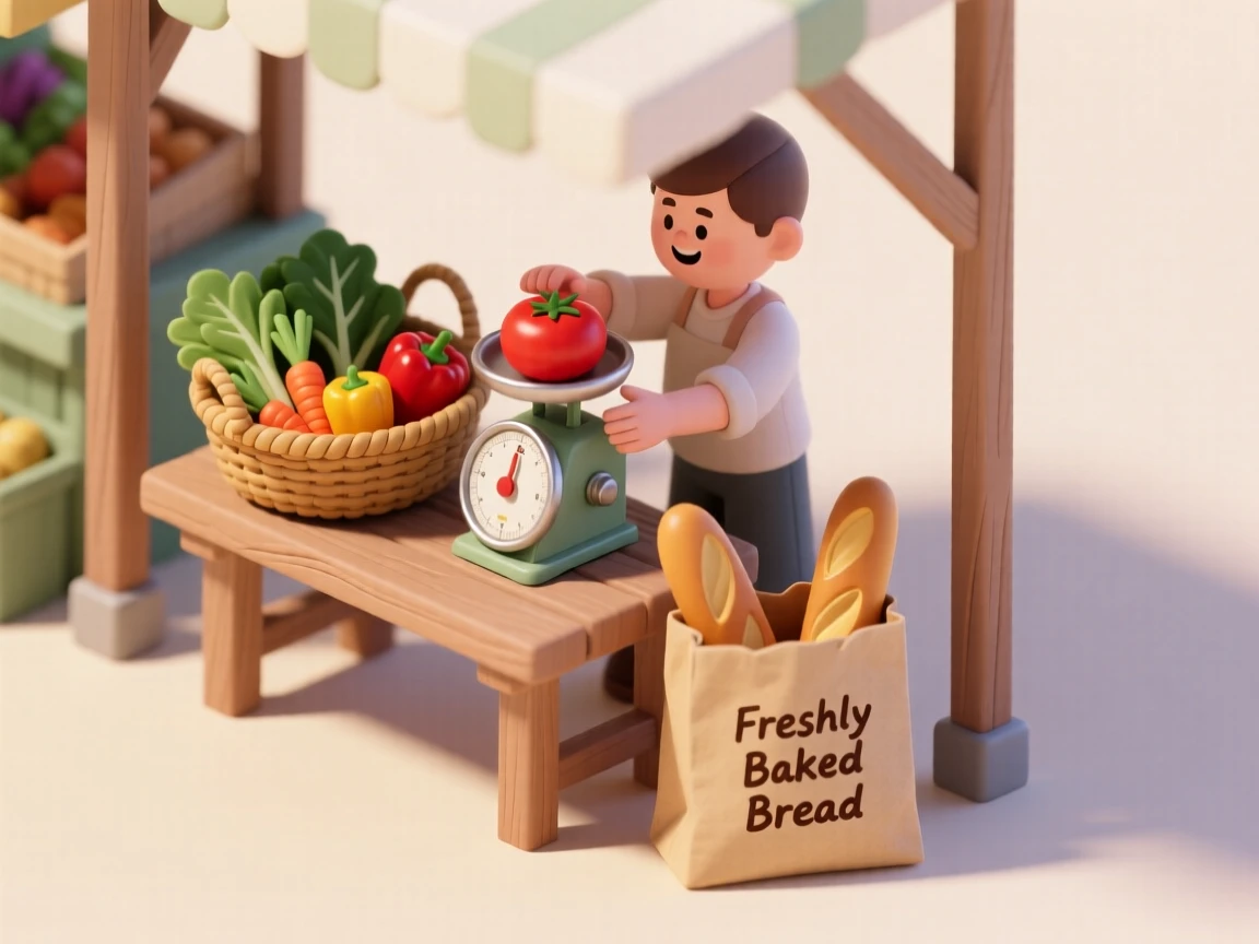 A Sunday farmers market visit with a woven basket full of fresh vegetables, a paper bag of bread, and a vendor weighing tomatoes on a small scale.